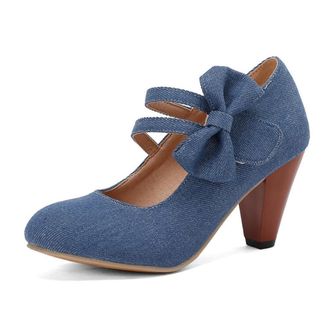 Generic Women Denim Double Strap Pumps Round Toe Pointed Heel Bow Decor Cutout Ankle Strap Non Slip Durable Comfortable Dress Party Shoes,Blue,10.5 UK