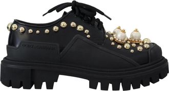 Dolce & Gabbana Zwarte leren trekking derby versierde schoenen - Dames - Veterschoenen - Zwart - 35 1/2 EU - Leer - Schoenen