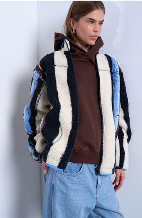 Topshop Stripe Faux Shearling Jacket in White at Nordstrom Rack, Size X-Small