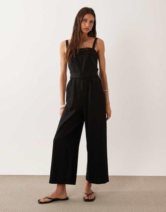 Mango Tuta jumpsuit nera in misto lino con scollo squadrato e cintura-Nero