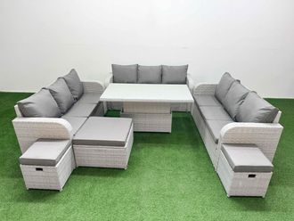 Fimous PE Rattan Lounge Sofa Set 12 Seater Outdoor Garden Furniture Set w/ Adjustable Lifting Dining or Coffee Table 3 Seater Sofa 3 Stools Light Grey