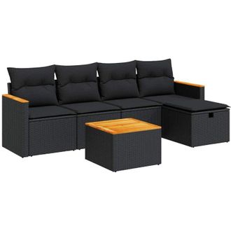 vidaXL Set De Sof&aacute;s De Jard&iacute;n 6 Piezas Y Cojines Rat&aacute;n Sint&eacute;tico Negro