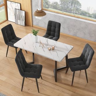 Merax Set of 4 Velvet Upholstered Dining Chairs with Metal Legs in Dark Grey