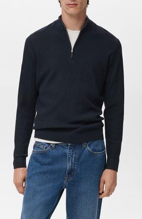 Mango Rib Quarter Zip Sweater in Navy at Nordstrom, Size Medium