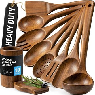 Zulay Kitchen 10-Piece Wooden Spoons for Cooking - Smooth Finish Teak Wooden Utensils for Cooking