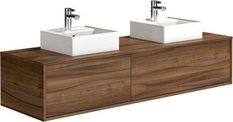 Vente-Unique Mueble de baño flotante de doble lavabo en color natural oscuro - Ancho 150 cm - ISAURE II