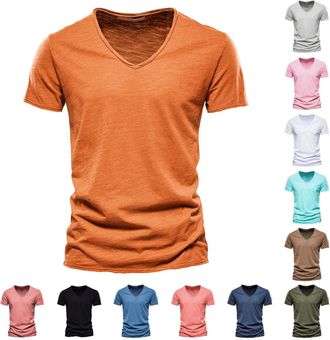 Generic Mens V-Neck T-Shirts Cotton Short Sleeve T Shirts Soft Fitted Premium Classic Tees Hipster Hip Hop Longline T-Shirt Franela Blanca para Hombre(Yellow,