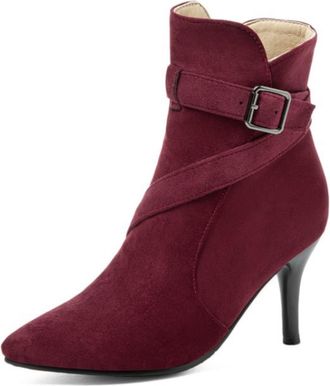 Generic Womens Suede Ankle Boots Pointed Toe Metal Buckle Stiletto Heels Retro Stylish Dressy Casual Evening Party Office Work Shoes with Side Zipper,Burgundy