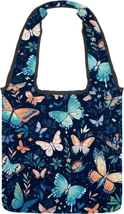 Generic Colorful Art Butterfly Reversible Canvas Shoulder Tote - Double-Sided Print, 12oz Cotton, 27cm Drop, Fold-Flat Bag for Travel, Shopping, Street Outing