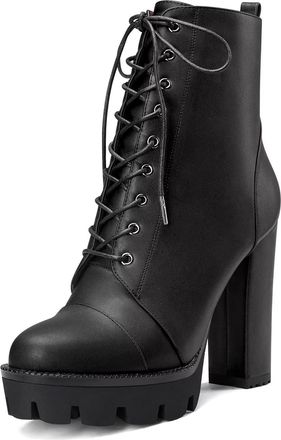 Castamere Women High Heel Platform Chunky Block Round Toe Ankle Boots Short Bootie Lace-up Zipper Boots Black 9 UK