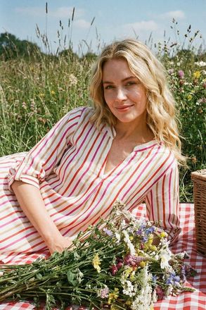 Roman Vertical Stripe Pleat Detail Top