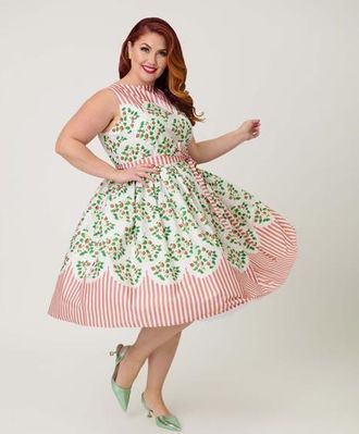 Unique Vintage Plus Size Sleeveless Belted Swing Dress in Pink Stripe W/Strawberries at Nordstrom, Size 2X