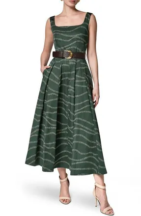 DKNY Abstract Print Fit & Flare Midi Dress in Forest at Nordstrom, Size 12