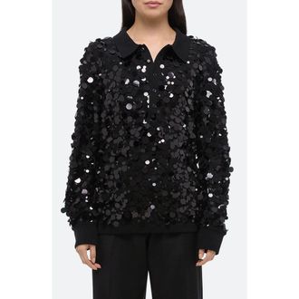 Helmut Lang Paillette Wool Long Sleeve Polo in Black at Nordstrom Rack, Size Large