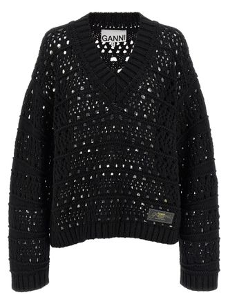 Ganni Womens Black Crochet V-Neck Sweater
