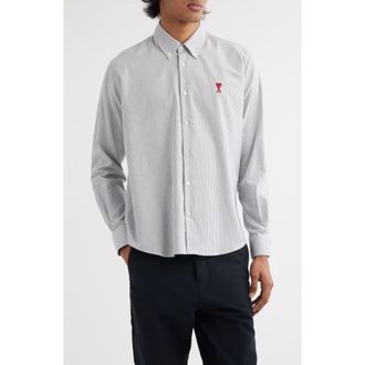 Ami Ami de Coeur Stripe Cotton Oxford Button-Down Shirt in Black/natural White/039 at Nordstrom, Size X-Large