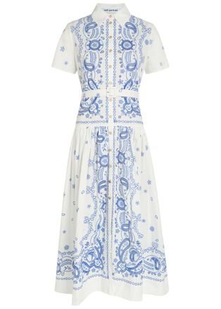 Self Portrait Embroidered Cotton Midi Shirt Dress - White And Blue - 8 (UK8 / S)