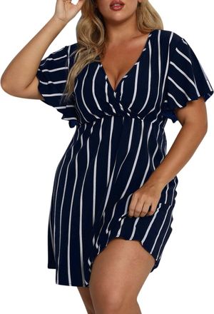 Generic Summer Dress Womens Plus Size Striped Print Wrap V Neck Short Sleeve A Line Ruched Dresses for Women (Navy, L)