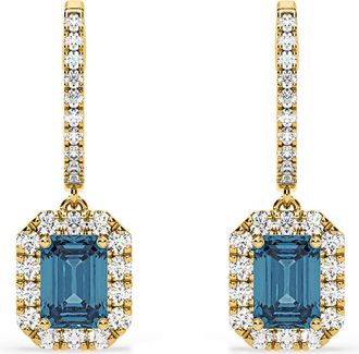 The Diamond Store Annabelle Blue Lab Diamond 2.78ct Emerald Cut Halo Earrings in 18K Yellow Gold - Elara Collection