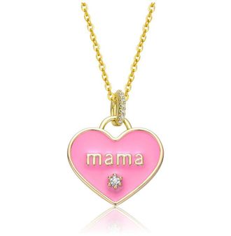 Rachel Glauber 14k Gold Plated with Clear Cubic Zirconia MAMA Pink Enamel Heart Pendant Layering Necklace