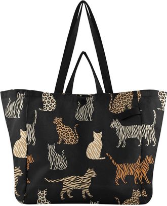Generic Cat Leopard Black print Reusable Canvas Tote Bag, Heavy Duty Grocery Shopping Bag with Double Handles Large Capacity Hard Bottom Work Groceries Travel