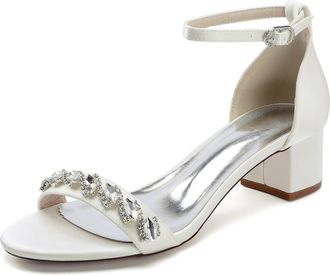 Generic Wedding Shoes Womens Open Toe Satin Chunky Heel Heels Sandals Bridal Shoes Low Heel Prom Party Dress Pumps 4.5Cm,Ivory,10 UK