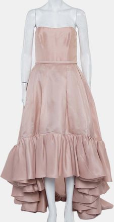 Reem Acra Pink Silk Ruffled Asymmetric Hem Strapless Gown