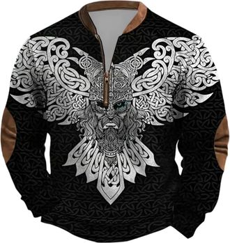 Generic Mens Quarter Zip Sweatshirt Plus Size Vintage Hiking Pullover with 3D Norse Myth Print Warm Long Sleeve Fashion Top