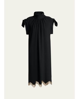 Lanvin Knotted-Shoulder Fringe Midi Dress