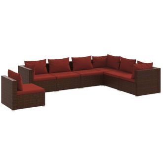 vidaXL Set Muebles De Jard&iacute;n 7 Piezas Y Cojines Rat&aacute;n Sint&eacute;tico Marr&oacute;n Vidaxl