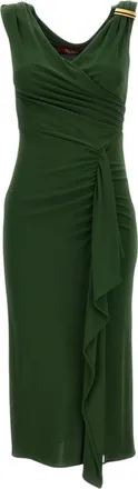 Max Mara Green Solid V Neck Midi Dress