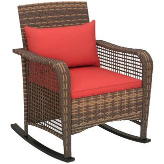 OUTSUNNY Rattan Garden Rocking Chair w/ Seat and Back Cushions - Red | TJ Hughes