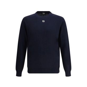 Fendi Round-neck Knitwear, male, Blue, Size: XL Ribbed Wool Sweater with Iconic Plaque