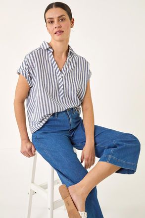 Roman Stripe Print Button Front Top