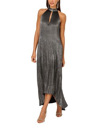 Adrianna Papell Sleeveless Pleated Metallic Ankle Length Halter Dress