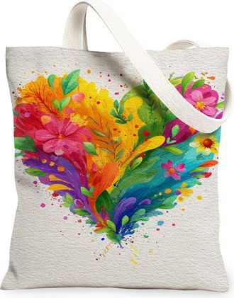 Generic Floral Heart Canvas Tote Bags, Colorful Flower Pattern Reusable Bags, Summer Bohemian Chic Washable Shoulder Strap Canvas F, Multicolor, 13x15 Inch