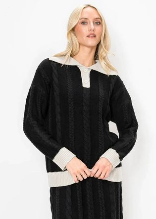 YAL New York Black Cable Knit Polo Sweater with Cream Trim