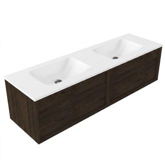 Saniclass Holz Frame Badkamermeubelset - 160x45x57.5cm - Torino solid surface wastafel wit - zonder kraangat - 2 lades - mat eiken charcoal (hout)