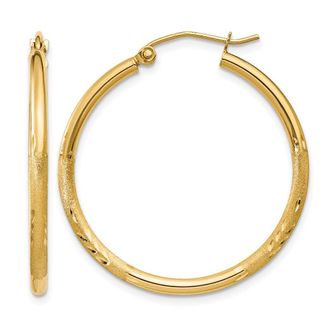 Diamond2Deal 14k Gold Satin & Diamond-cut 2x30mm Round Hoop Earrings