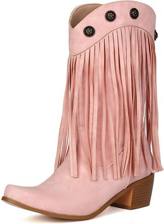 Generic Womens Retro Fringe Studded Decor Square Toe Chunky Low Heel Mid Calf Riding Boots Pull On Western Cowgirl Shoes (8.5,Pink)