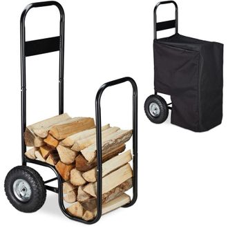 Relaxdays Carrello Porta Legna in Metallo, Telo Resistente alle Intemperie, 2 Ruote, 60 kg, Carrellino Trasporto, Nero - Relaxdays