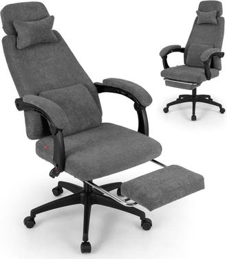 Costway Reclining Home Office Chair Chenille Fabric Upholstered Chair-Gray