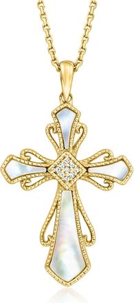 Ross-Simons Mother-Of-Pearl Cross Pendant Necklace With Diamonds in 18kt Gold Over Sterling