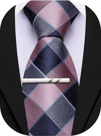 Barry.Wang Plaid Ties Mens Silk Necktie and Tie Clip Checkered Tie for Wedding Party Business Formal, Blue and Pink, One size