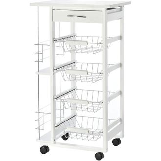HOMCOM Carrello da Cucina in Legno Bianco con 1 Cassetto e 4 Cestelli Metallici