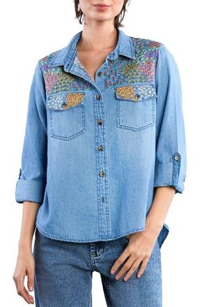 BILLY T Flower Patch Embroidered Denim Button-Up Shirt at Nordstrom, Size X-Large