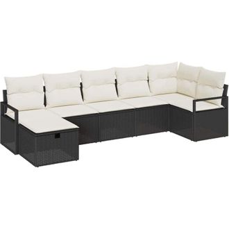 vidaXL Juego De Sof&aacute; Con Coj&iacute;n 7 Pcs Negro Y Crema Rat&aacute;n Sint&eacute;tico Vidaxl