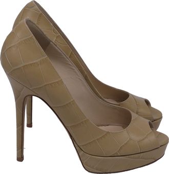 Jimmy Choo London Croc Embossed Peep Toe Platform Pumps in Beige Leather