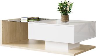 STILVORA Mesa De Centro Con Tablero De Vidrio Templado Y Led 16 Colores, Blanco Brillo Y Madera Natural, En Tablero De Part&iacute;culas, 105&times;55&times;32,5 Cm