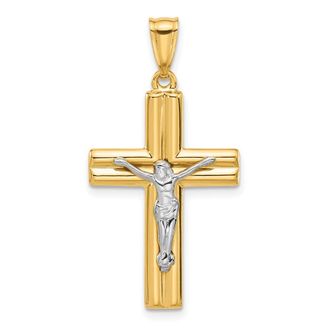 Diamond2Deal 14k Two-tone Gold Polished and Textured Crucifix Pendant